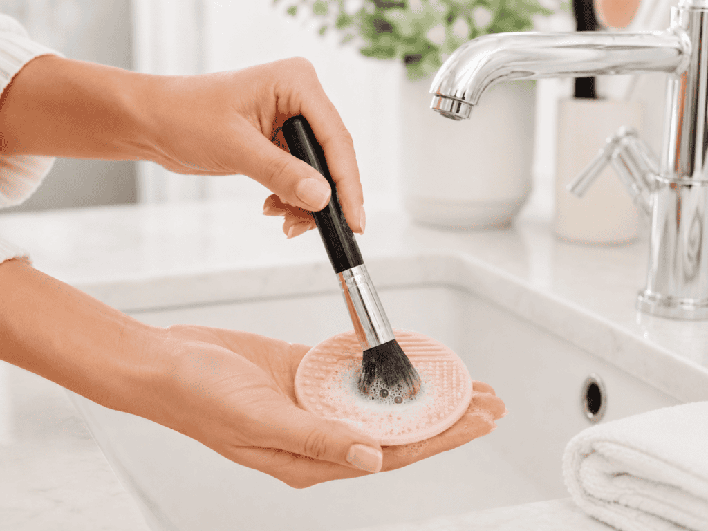 gently massaging a makeup brush 