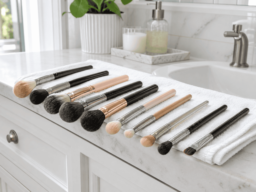 a set of makeup brushes drying