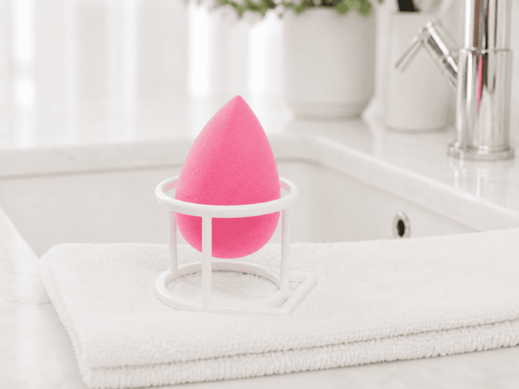 makeup sponge drying in a holder