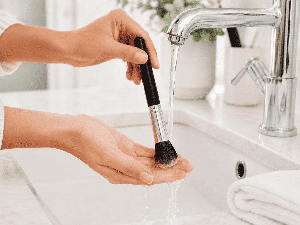 rinsing a makeup brush
