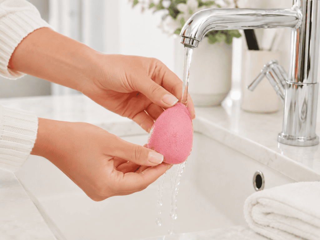 saturating a makeup sponge with water
