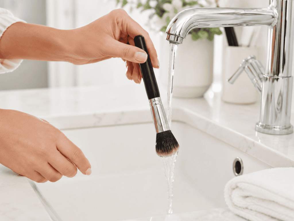 how to clean makeup brushes and sponges - rinsing a makeup brush