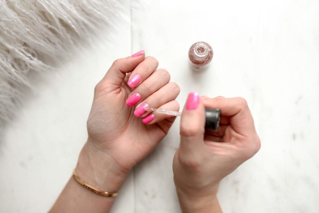 glitter nail polish on pink nails