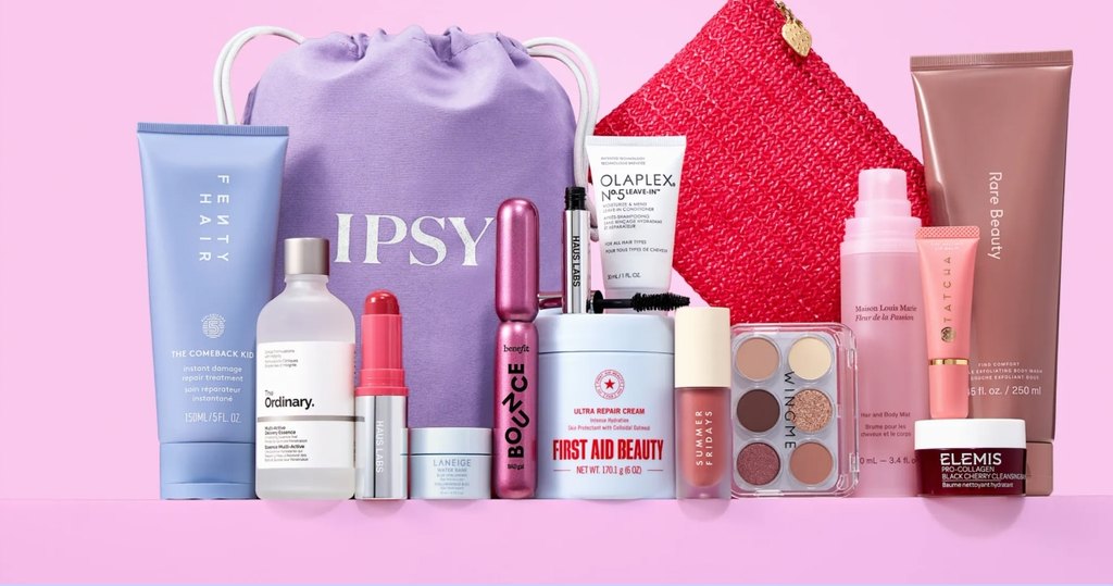 best makeup subscription boxes - IPSY Extra (formerly BoxyCharm) drawstring bag with full-size products